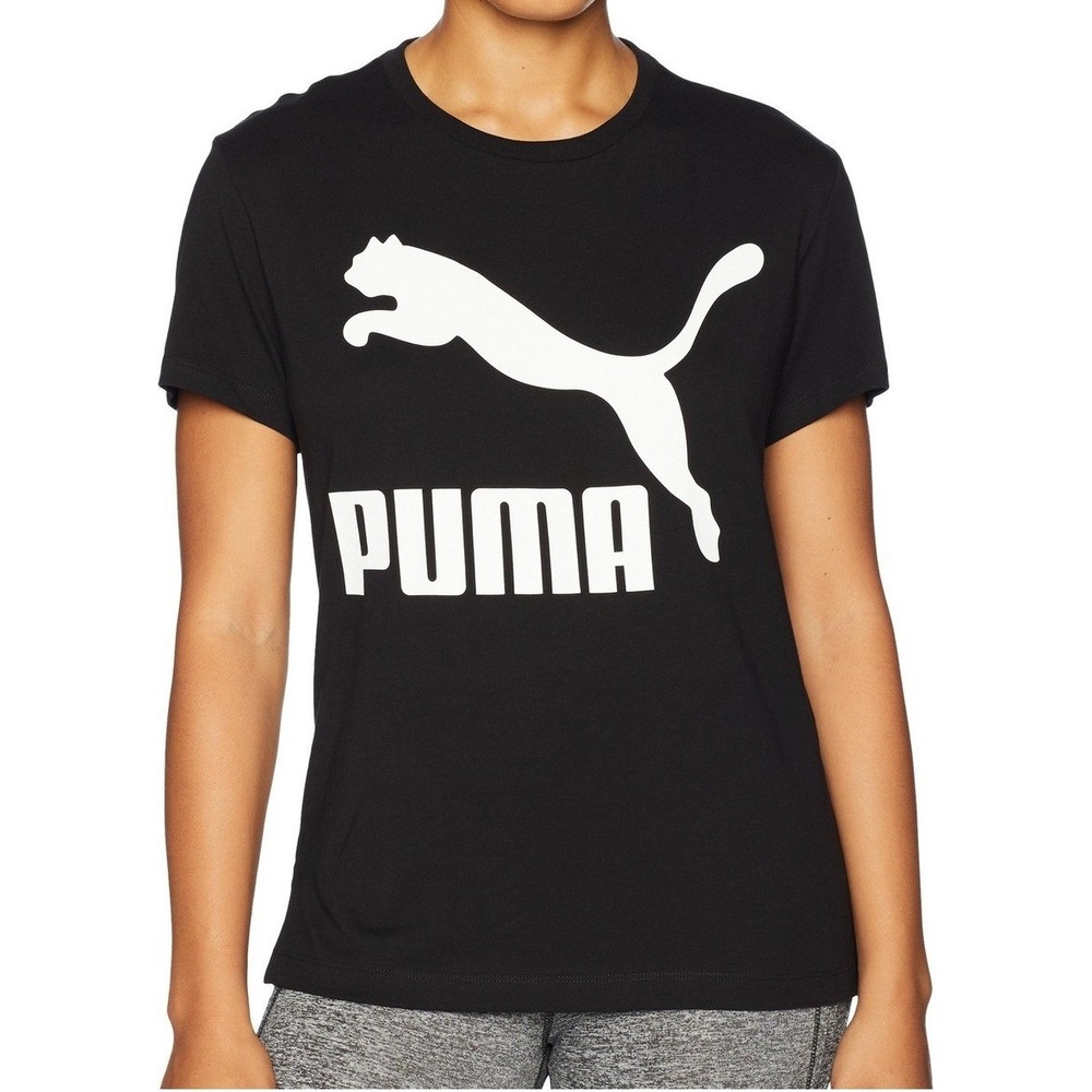 Puma Women Classics T-Shirt Logo Graphic Cotton Black White Tee Medium NWT